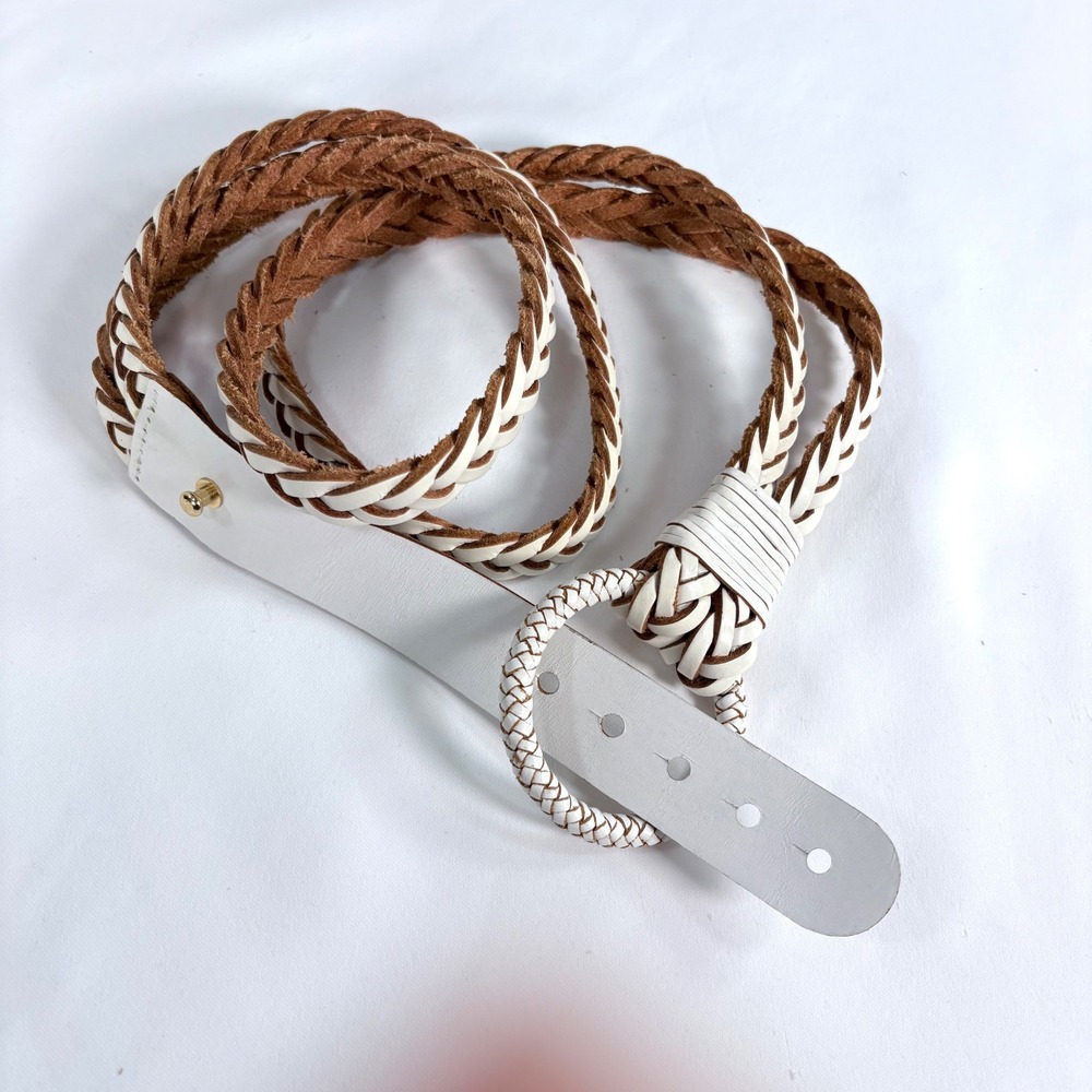 Express Belt White Brown Braided Genuine Leather O-Ring Buckle Size Medium